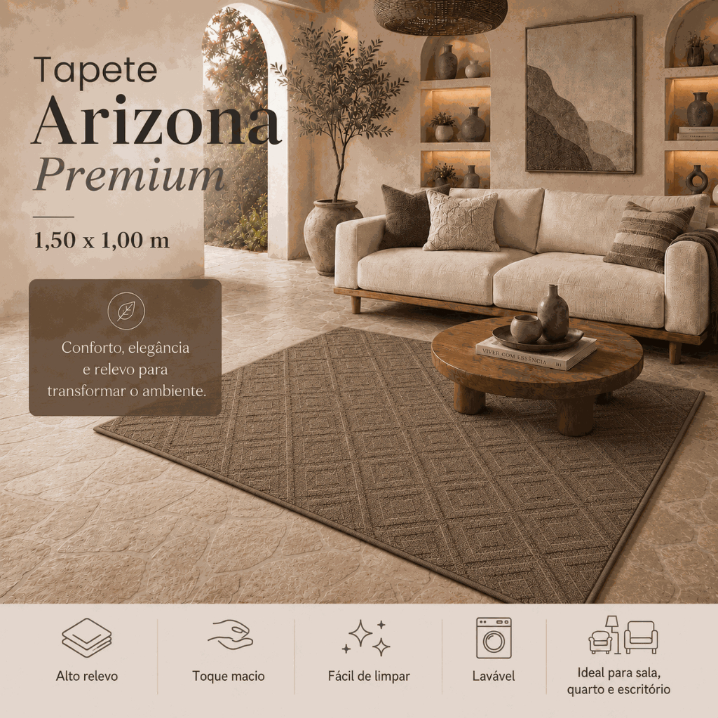 Tapete Premium 1,50x1,00 Sala Quarto Escritório Geométrico Alto Relevo Macio Antiderrapante Marrom Claro