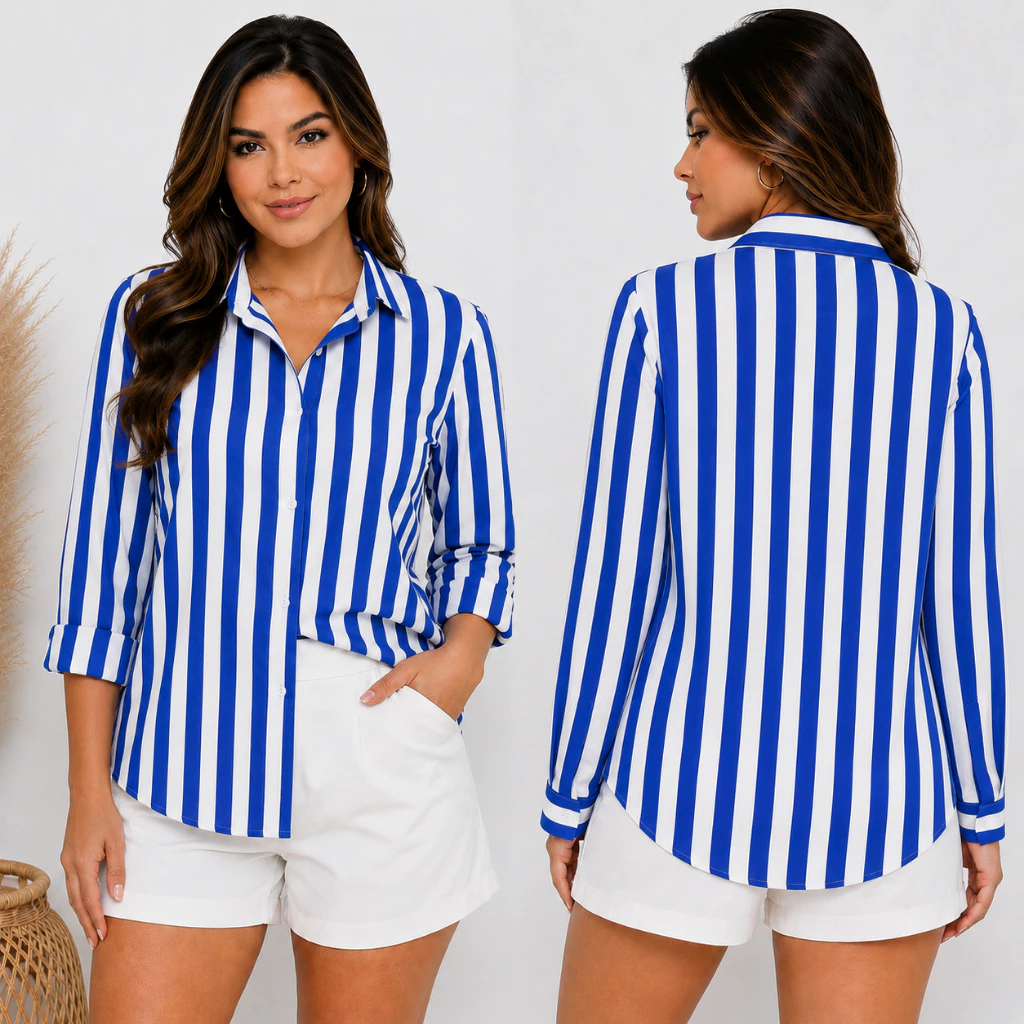 Camisa Casual Blusa Listrada Com Textura Manga Longa — imagem 1