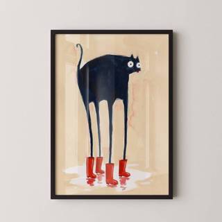 Quadro Decorativo Arte Minimalista Gato com Botas Vermelhas Com Moldura