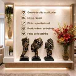 Trio de Face Estatueta Ouro Envelhecido Decoração Gesso Cego Surdo Mudo 23cm