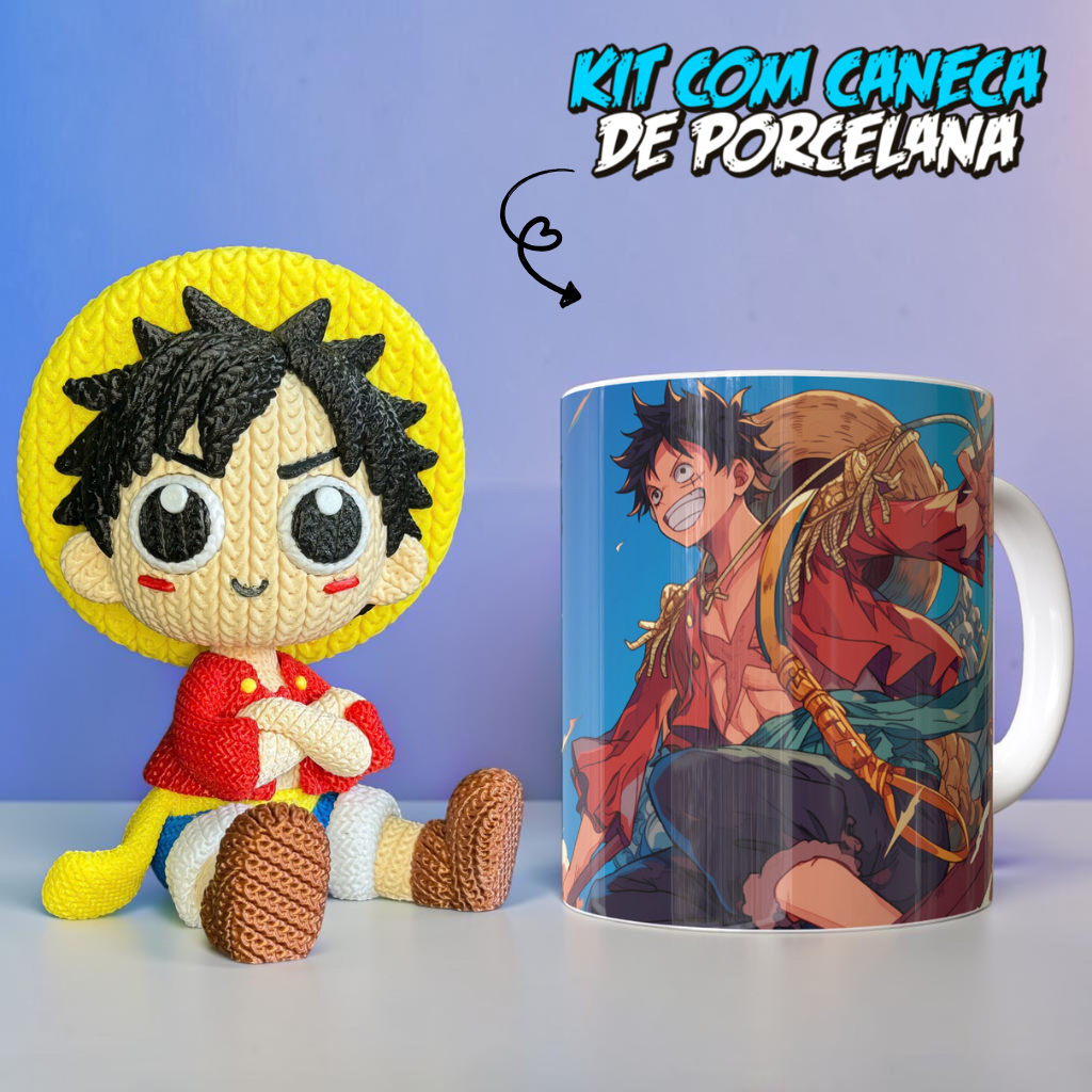 Kit One Piece Luffy e Zoro Boneco Action Figure Decorativo e Caneca Colecionável Presente Geek Anime