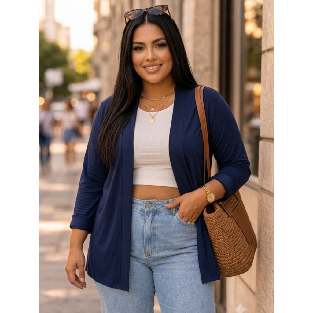Casaco Kimono Plus Size Feminino Liso Cardigan Manga Longa Malha Viscolycra Cardigã — imagem 2 de 2