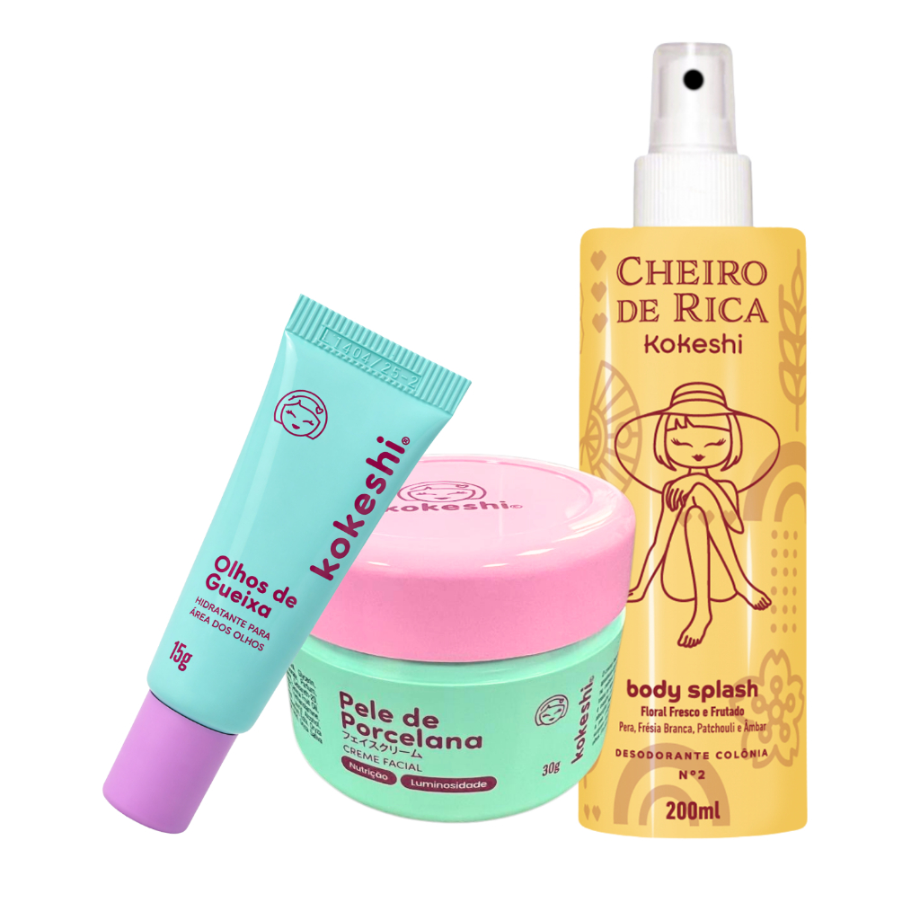 Kit Frescor Hidratação Kokeshi Pele de Porcelana Olhos Gueixa Cheiro Rica N2 Floral Fresco Frutado