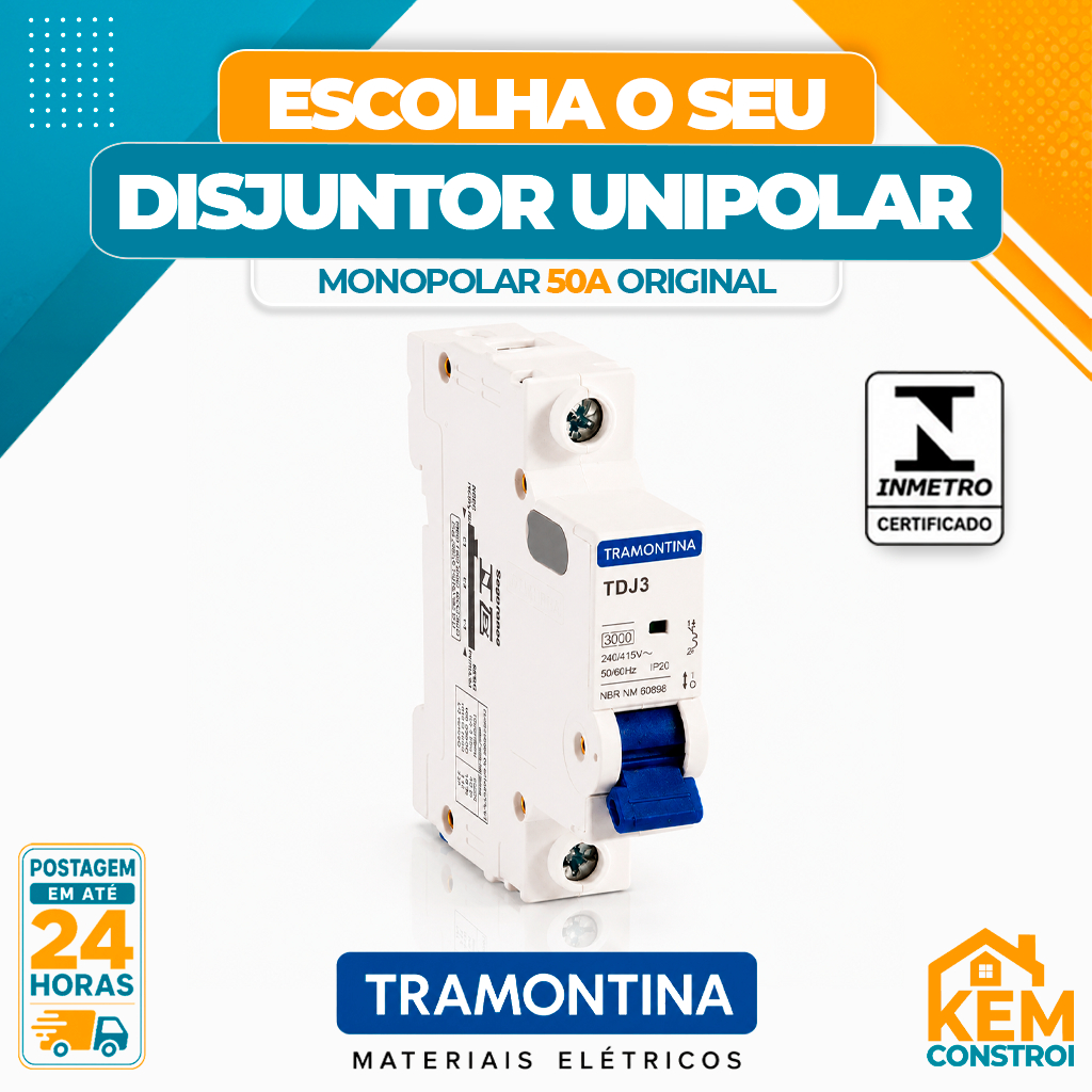 Disjuntor DIN Curva C Unipolar Tramontina de 50 Amperes