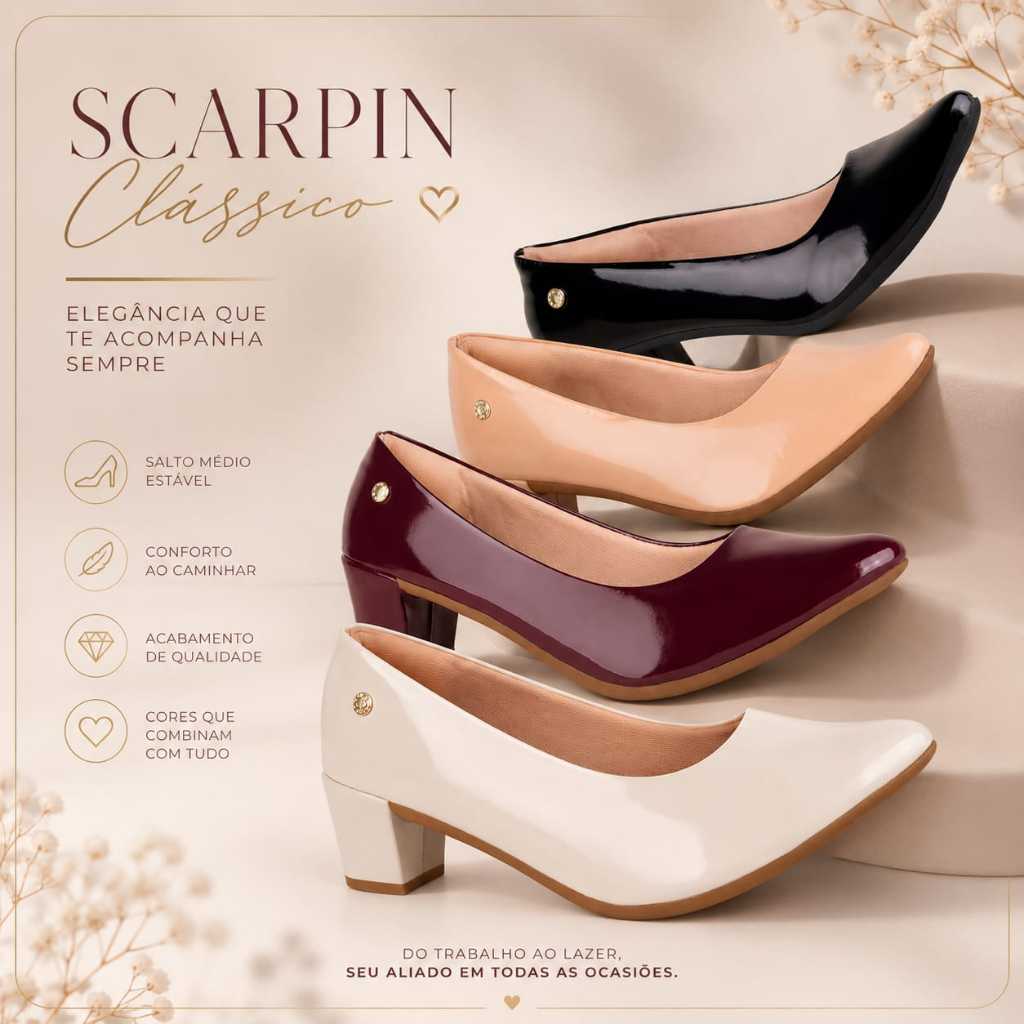 Sapato Scarpin Feminino Verniz Bico Fino Casual Salto Grosso Bloco Quadrado BegePreto Confortável