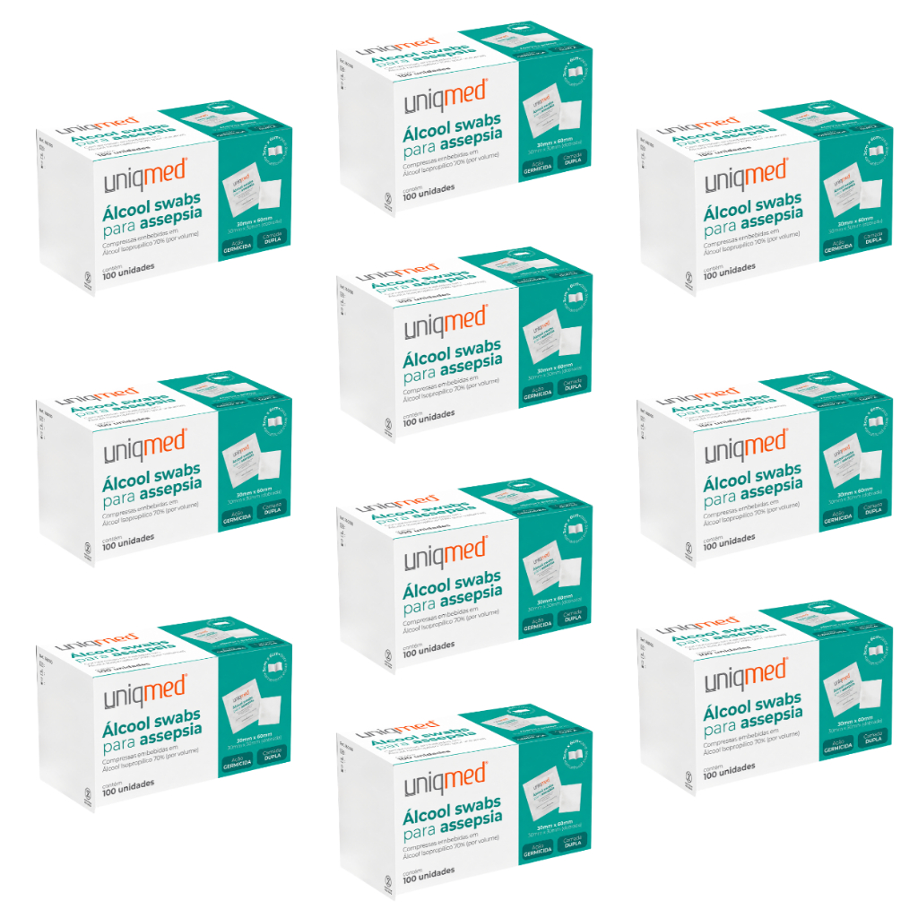 Kit 10 Caixas Álcool Swab 70% Saches Lenço Umedecido C/100 Unidades Cada - Uniqmed