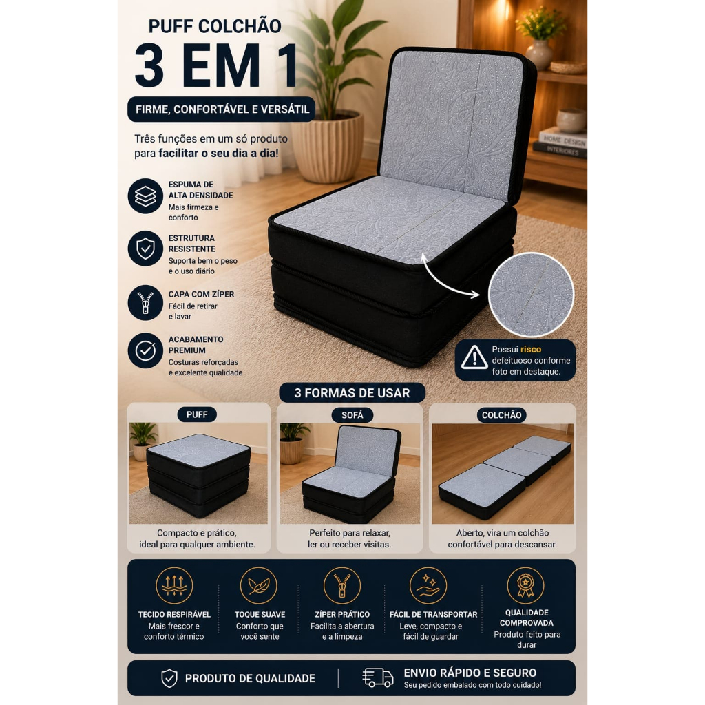 Colchão Puff Dobrável 3x1 Ideal Para Apartamentos Oferta Relâmpago Compre Agora Mesmo