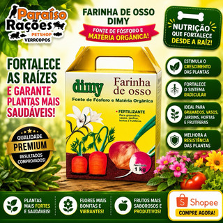 Farinha de Osso Dimy 1kg – Fertilizante Orgânico Rico em Fósforo para Hortas, Jardins, Vasos, Flores e Frutíferas🌳