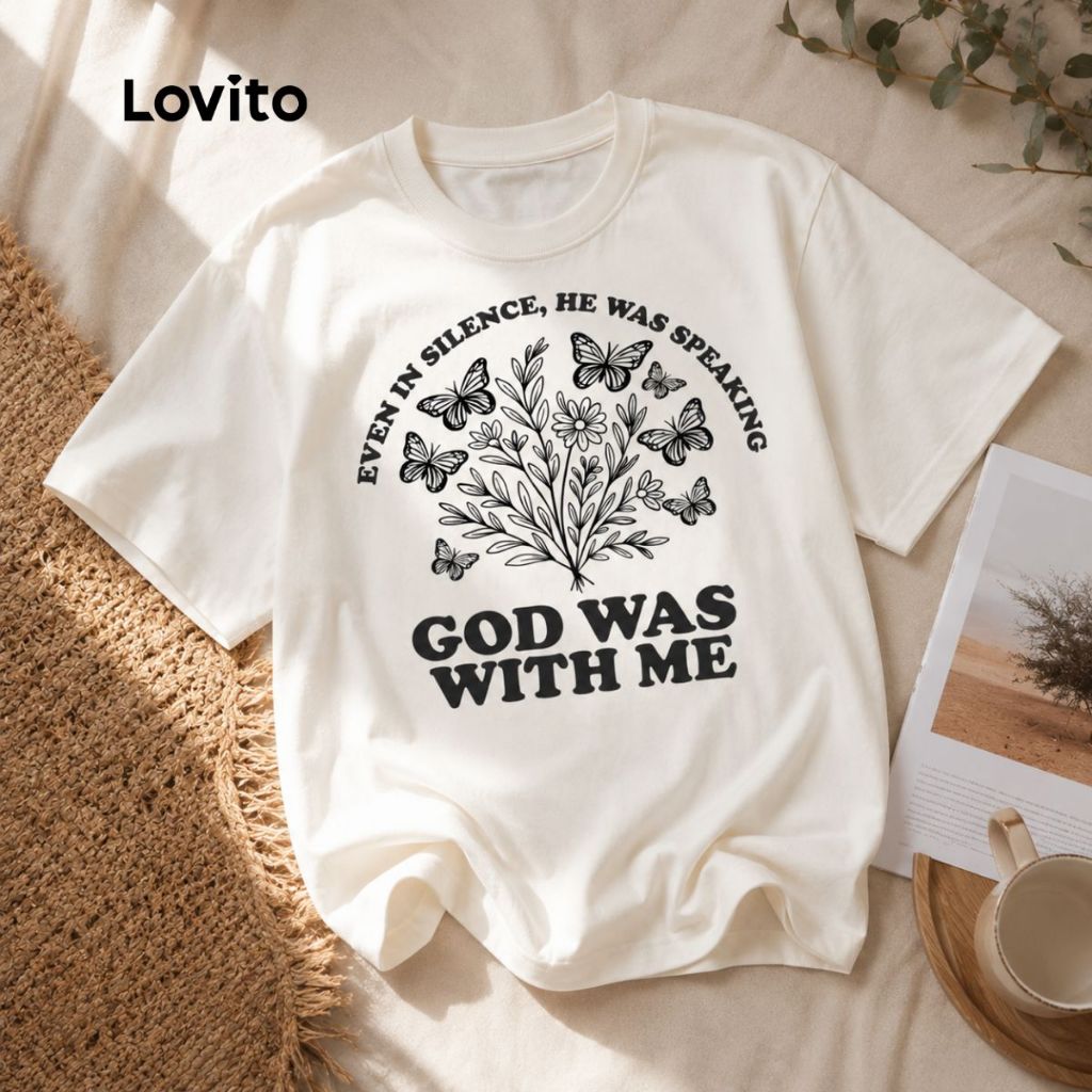 Lovito Camiseta Casual Deus Moda Feminina Estampada TSB16661696