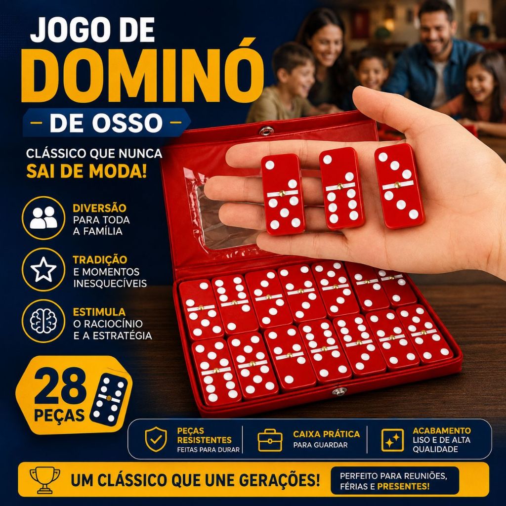 Jogo Dominó Profissional Vermelho Peças Pedras Grandes Maleta Luxo Família Presente Clássico