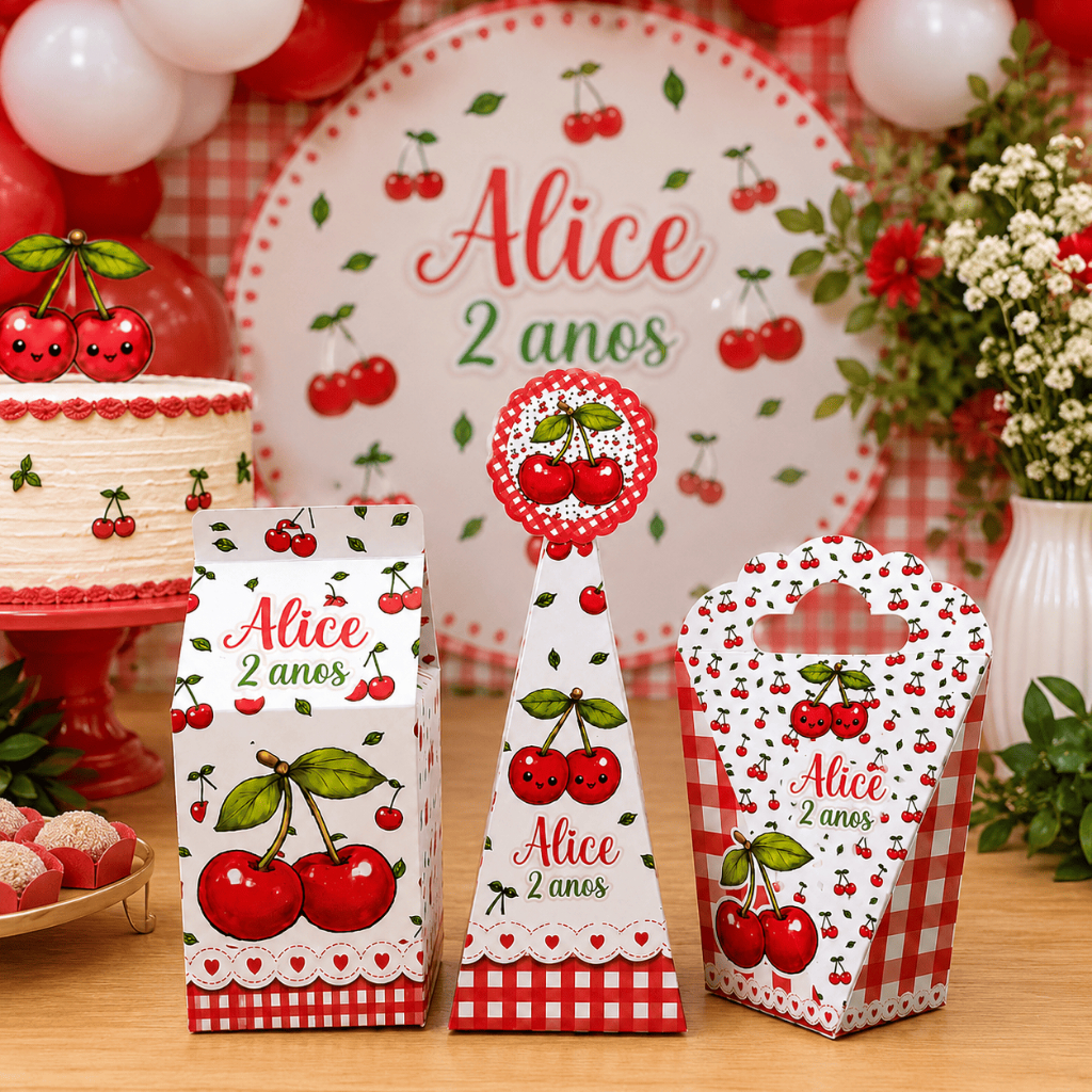 Kit Festa Cerejinha Vermelho Lembrancinhas Caixinha Personalizada PEGUE E MONTE