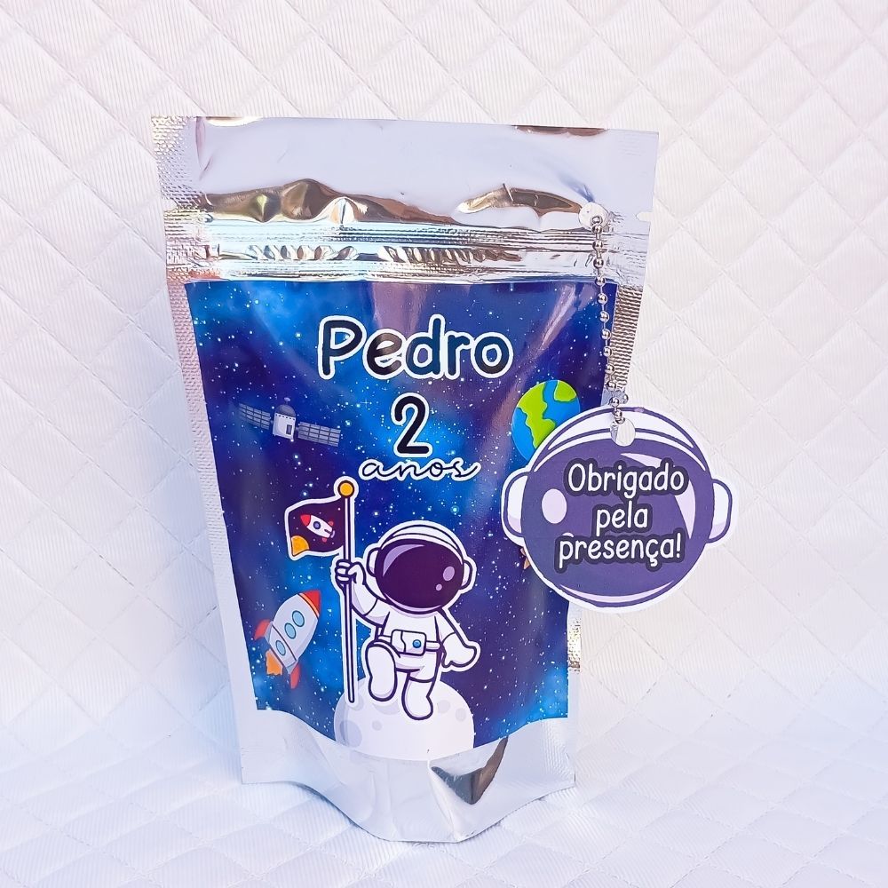 Saquinho Metalizado Zip Lock 10x15 ou 12x19 cm personalizado para lembrancinha aniversário ASTRONAUTA