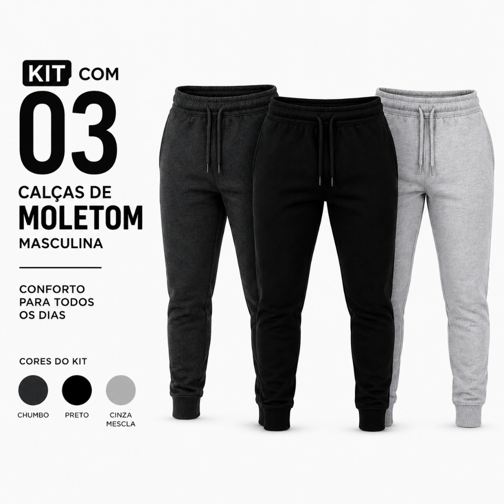 Kit 3 Calças Moletom Inverno Peluciada Algodão