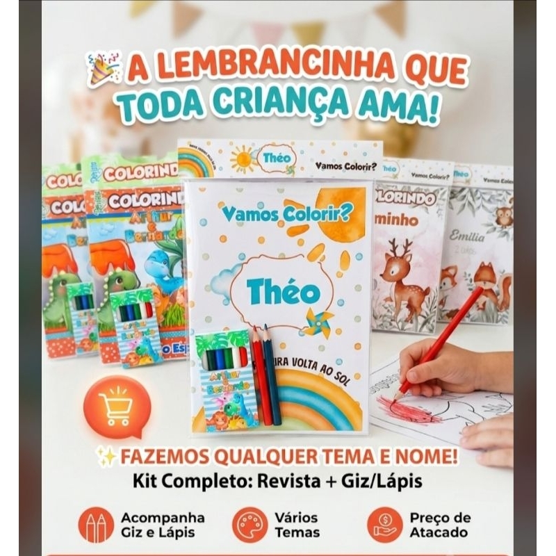 Kit 5 Revista Colorir Personalizado Infantil | Lembrancinha de Aniversário com Revista | Qualquer Tema