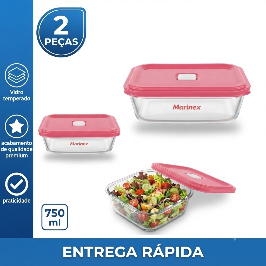 Kit 2 Pote Marinex Facilita Vap Tigela 750ml Marinex Assadeira Retangular com Tampa Cor Sortidas