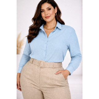 Camisa Linho Plus Size G1-G3 Feminino Plus Manga Longa Social Elegante