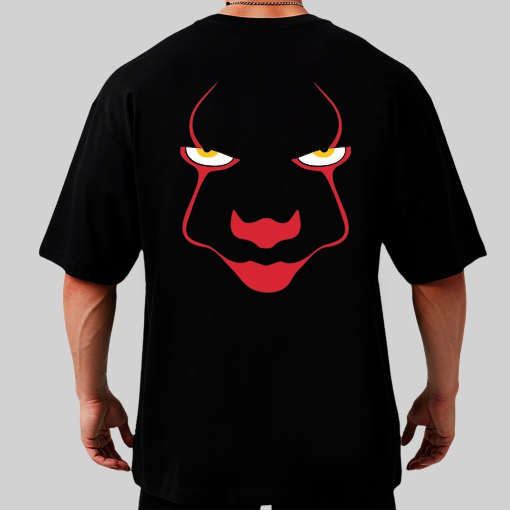 Camiseta Oversized 100% Algodão Estampa Cara Demoníaca Preta com Detalhes Vermelhos e Amarelos - Moda Streetwear Unissex