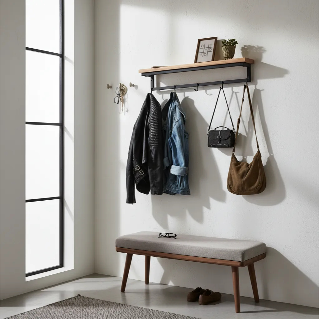 Prateleira em Aço Estilo Industrial c/ Tampo MDF c/ 5 Ganchos Parede Roupas Acessórios Bolsas Hall Entrada