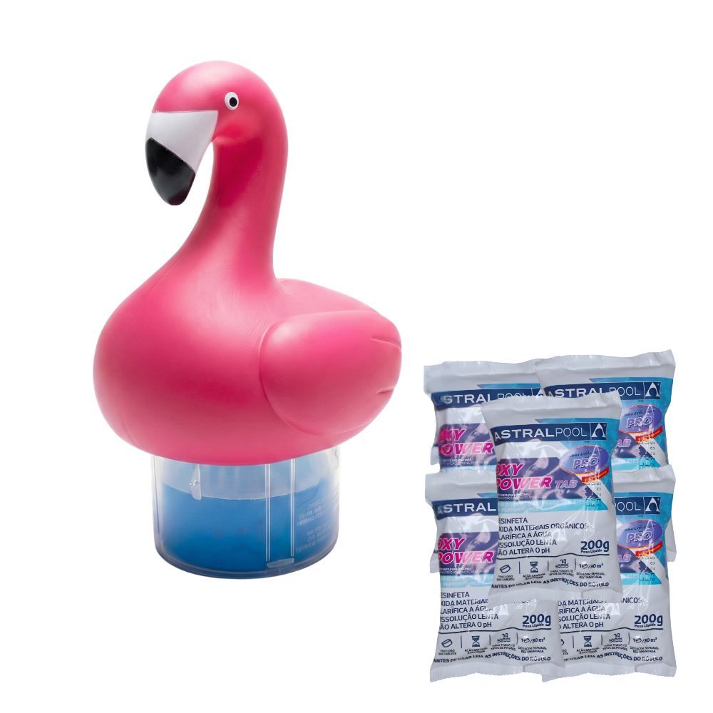 Kit Clorador Flutuante de Flamingo + 05 Pastilha para Limpeza de Piscinas