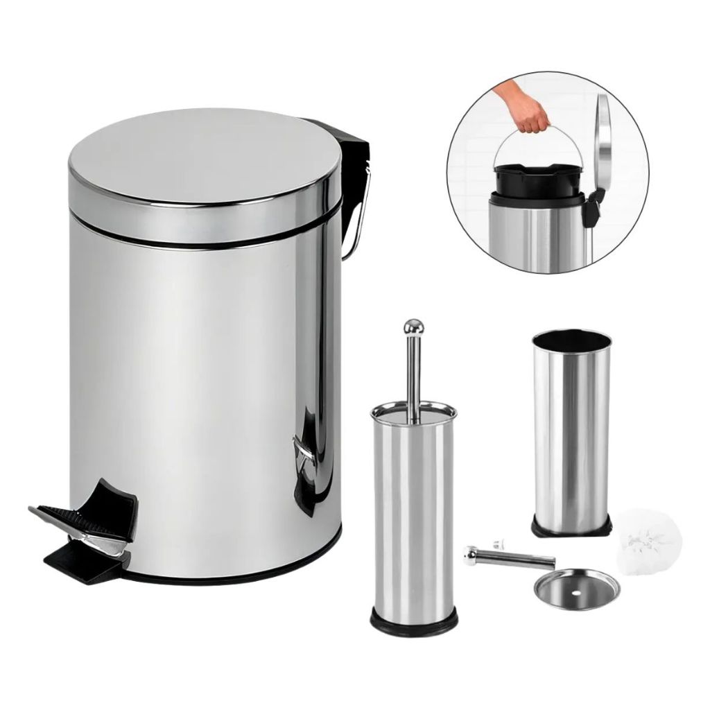 Kit Lixeira Inox Pedal Cesto De Lixo Com Pedal + Escova Sanitária Inox Banheiro Quarto Escritório
