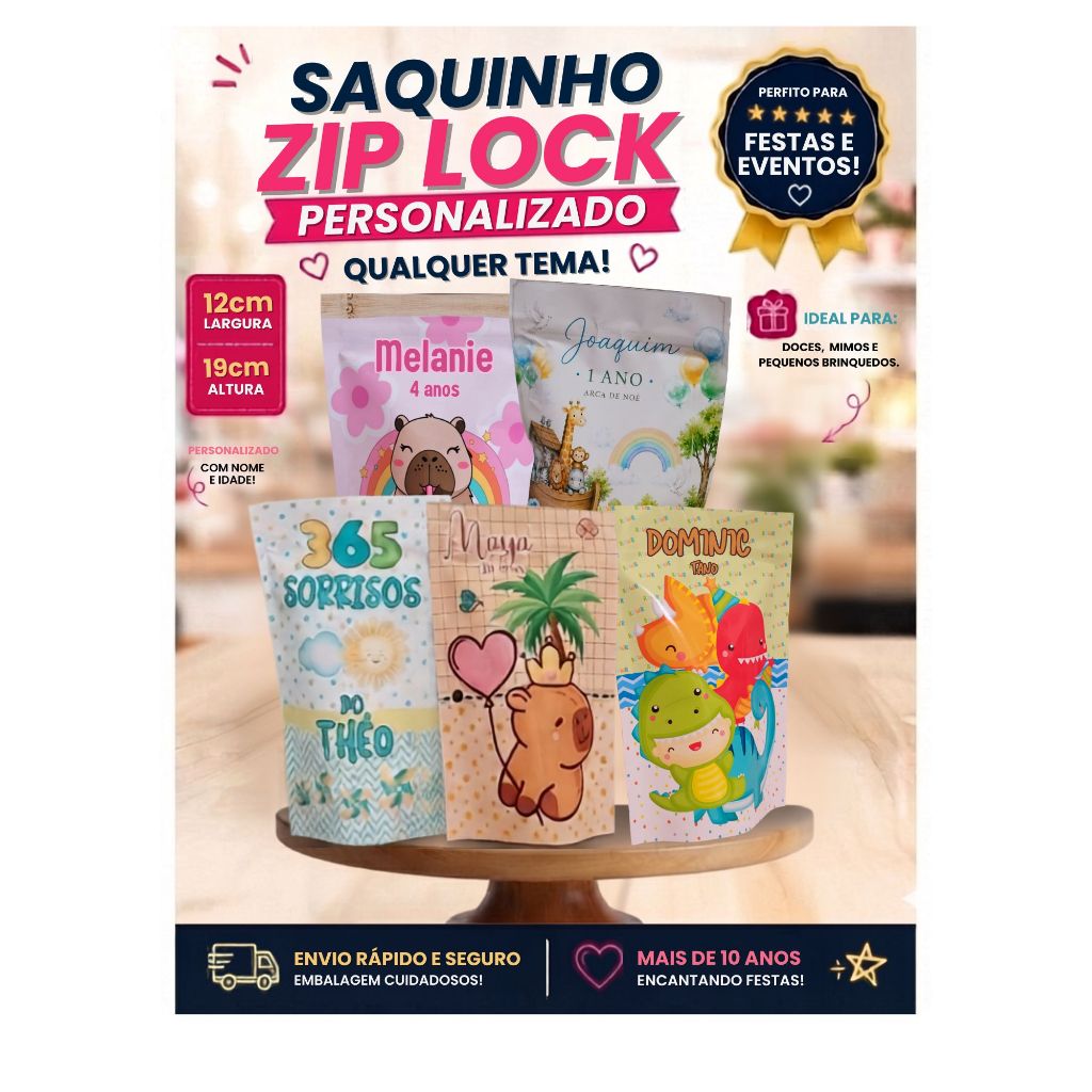 Saquinho Metalizado Personalizado 12X19 cm COM Zip Saquinho para Lembrancinha Todos os Temas