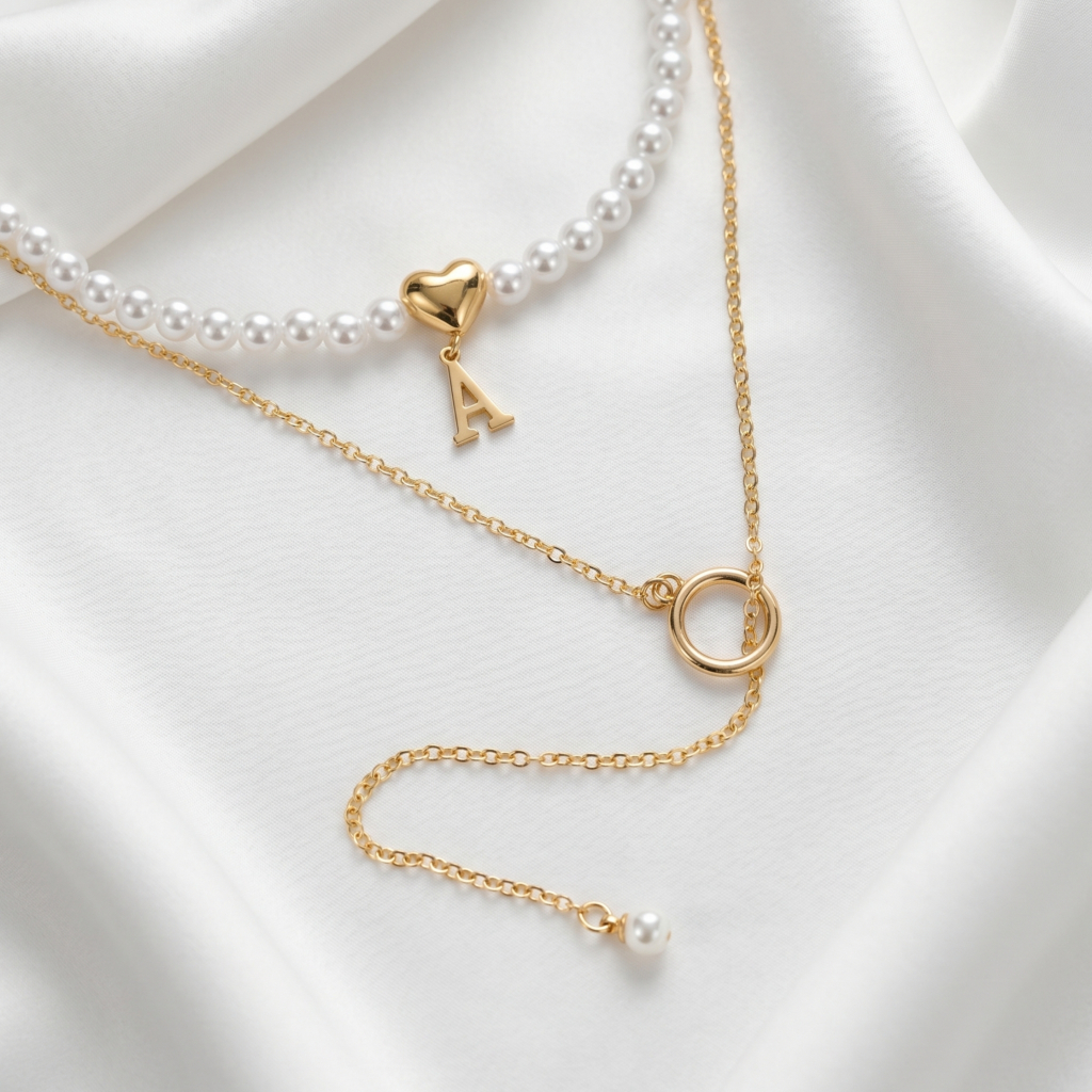 Kit 2 Colar Feminino Letra Inicial e Esferas Banhado a Ouro 18K ou Prata 925