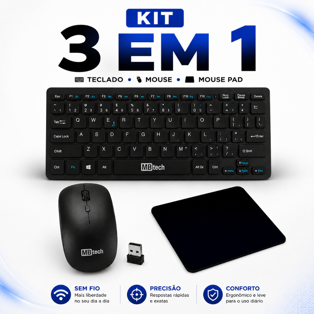 Kit Teclado Sem Fio + Mouse Sem Fio + Mouse Pad