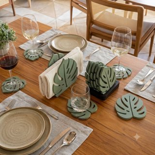 Kit Porta Copos 6 Folhas + Porta Guardanapo Decorativo Conjunto Mesa Posta Moderno Folhagem Verde 3D