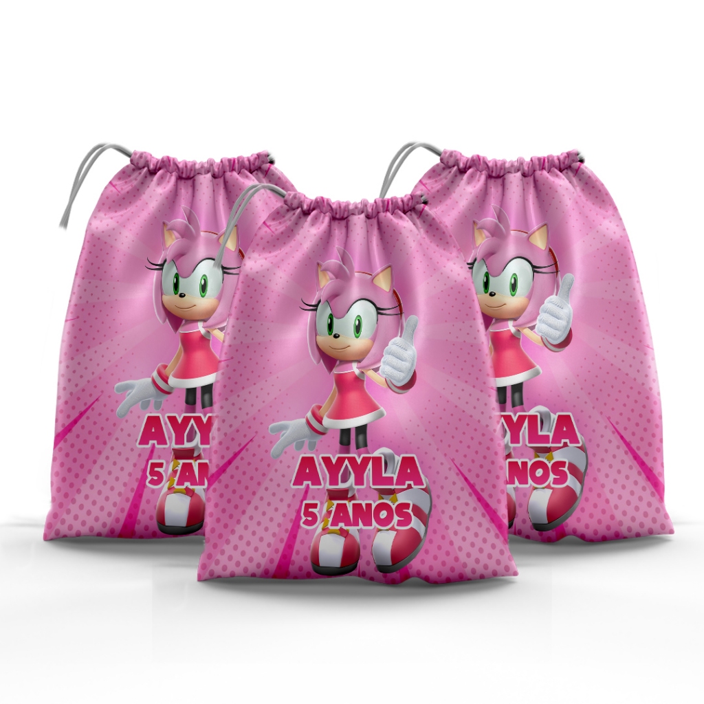 Sacolinha Lembrancinha Festa Aniversário Surpresa Tecido Personalizado Amy Rose Sonic