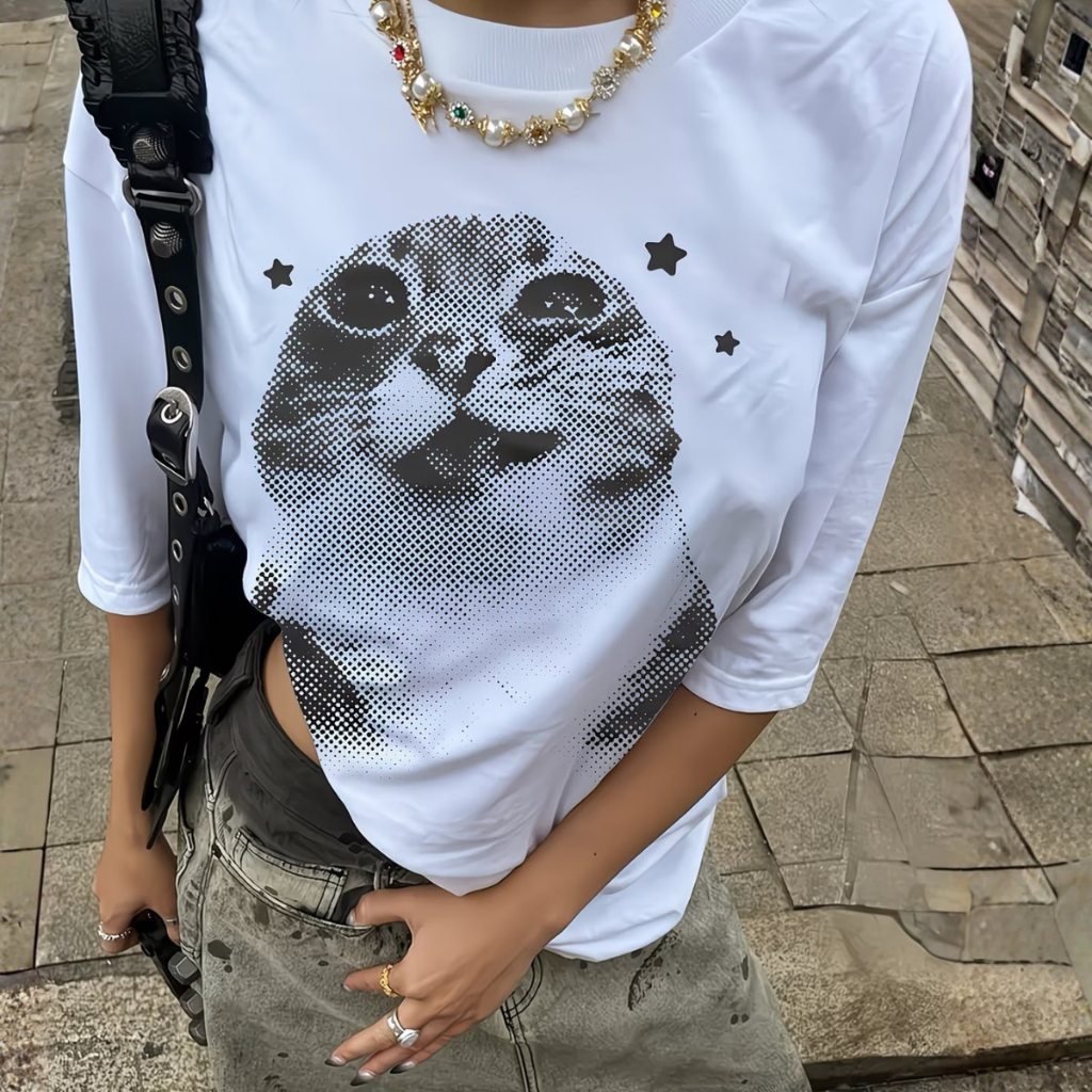 Camisetas Y2k Oversized Gatinho Cat Fofo Pixel Estampada Premium Feminina Verão Aesthetic