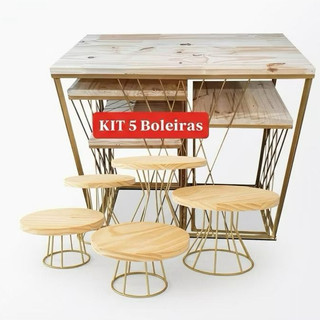Kit 4 Mesas Treliça com 5 boleira Tampo de Madeira Pinus Estrutura em Ferro dourada Decoração Festas