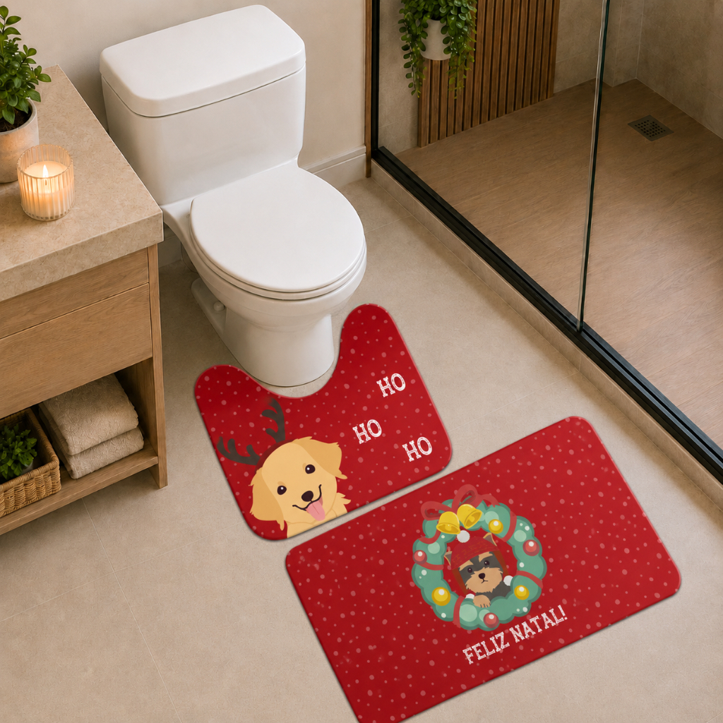 Tapetes para Banheiro Natalino Antiderrapante 2 Peças Noel e Seus Pets