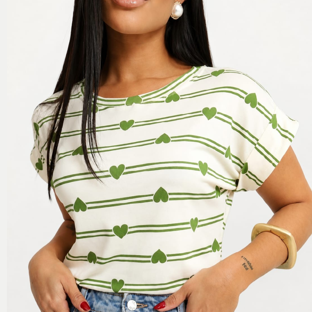 Blusa Feminina Pluz Size Listrada Coração Viscolycra Manga Japonesa Gola Redonda Casual Elegante M G GG G1