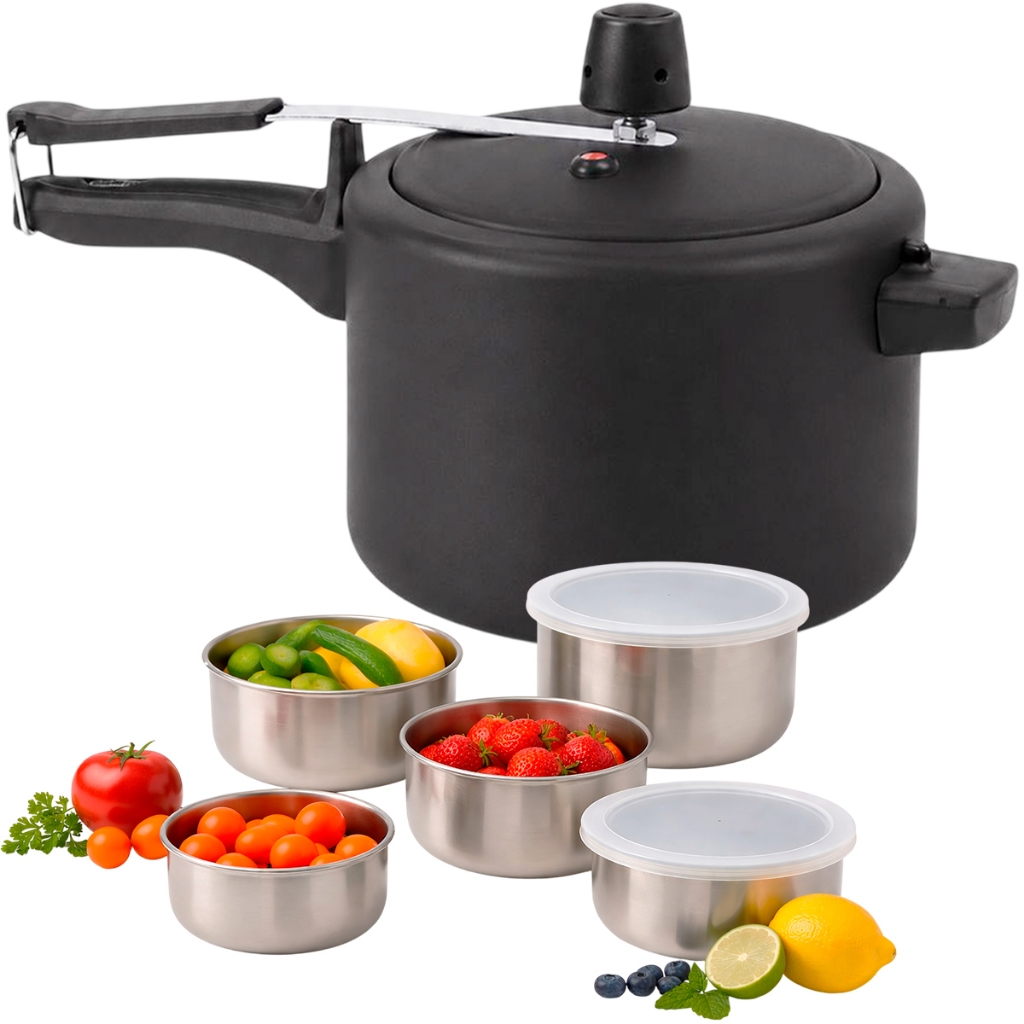 Panela de Pressão 7,5L Brinox Ceramic Life Vapt Preta Com Jogo de Potes 5 Peças Em Aço Inox