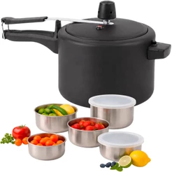 Panela de Pressão 7,5L Brinox Ceramic Life Vapt Preta Com Jogo de Potes 5 Peças Em Aço Inox