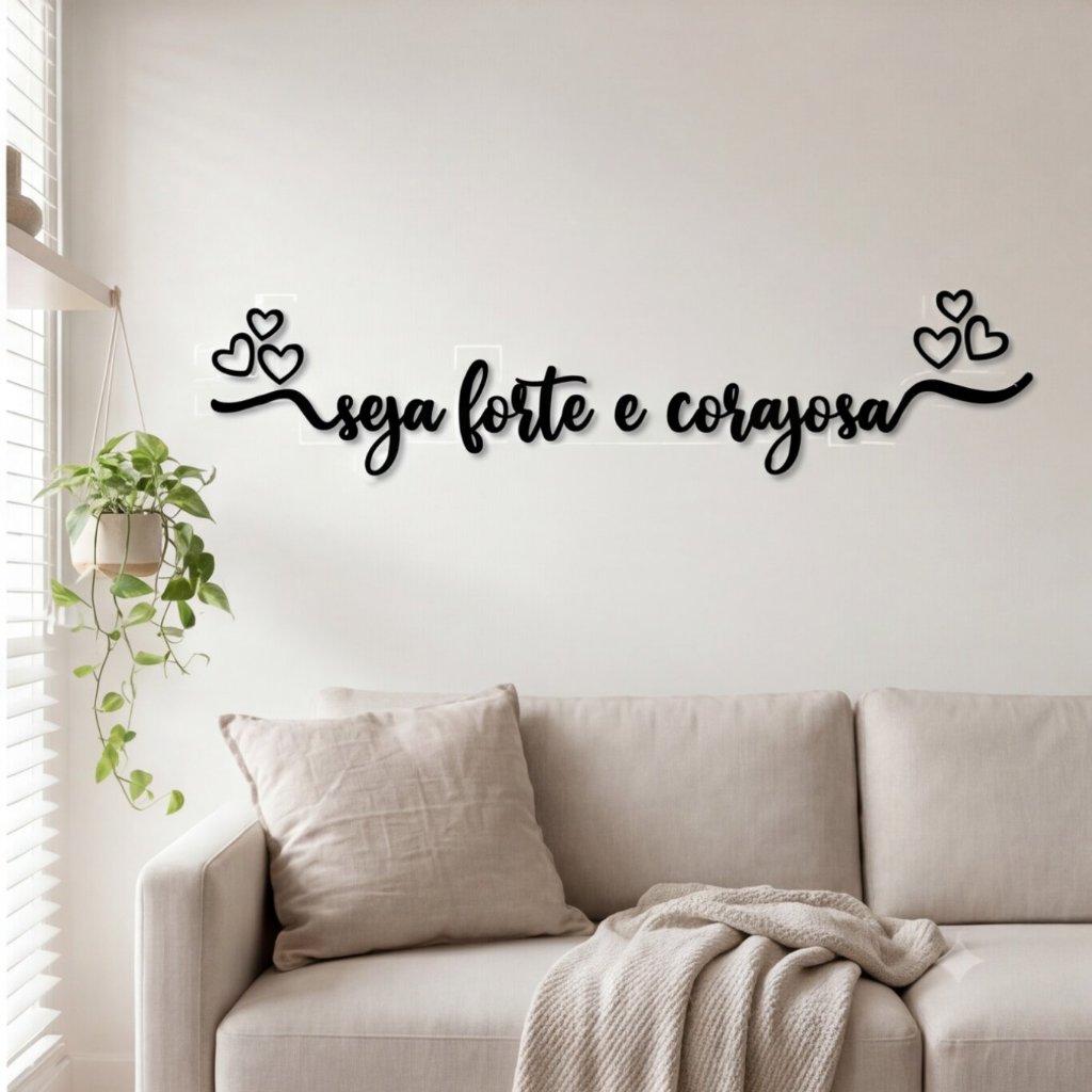 Frase Seja Forte e Corajosa Deus Quadro Decorativo Parede MDF Preto Fé Presente Cabeceira Corações