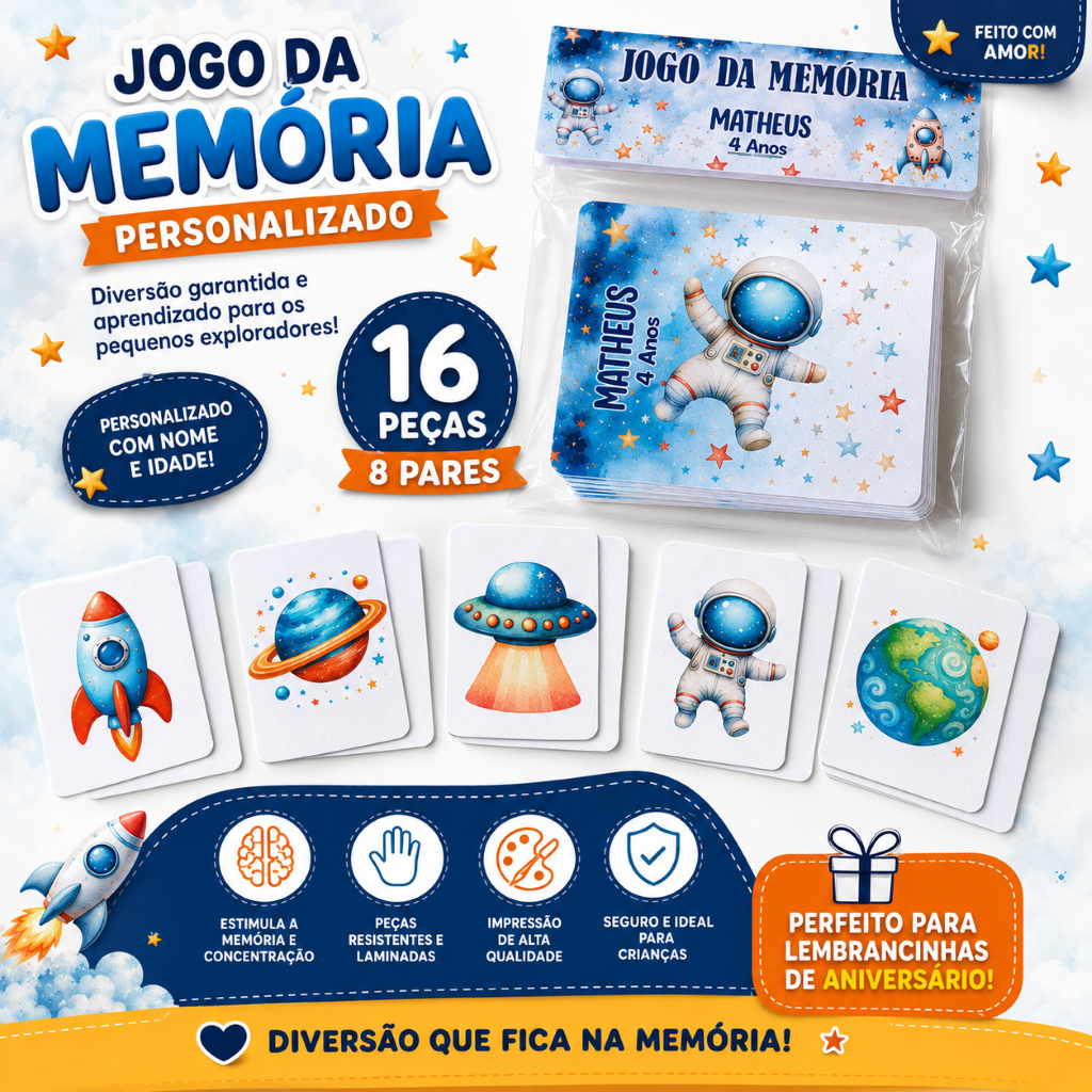 Jogo da Memória Personalizado Infantil | 8 Pares | Lembrancinha de Aniversário com Nome e Tema