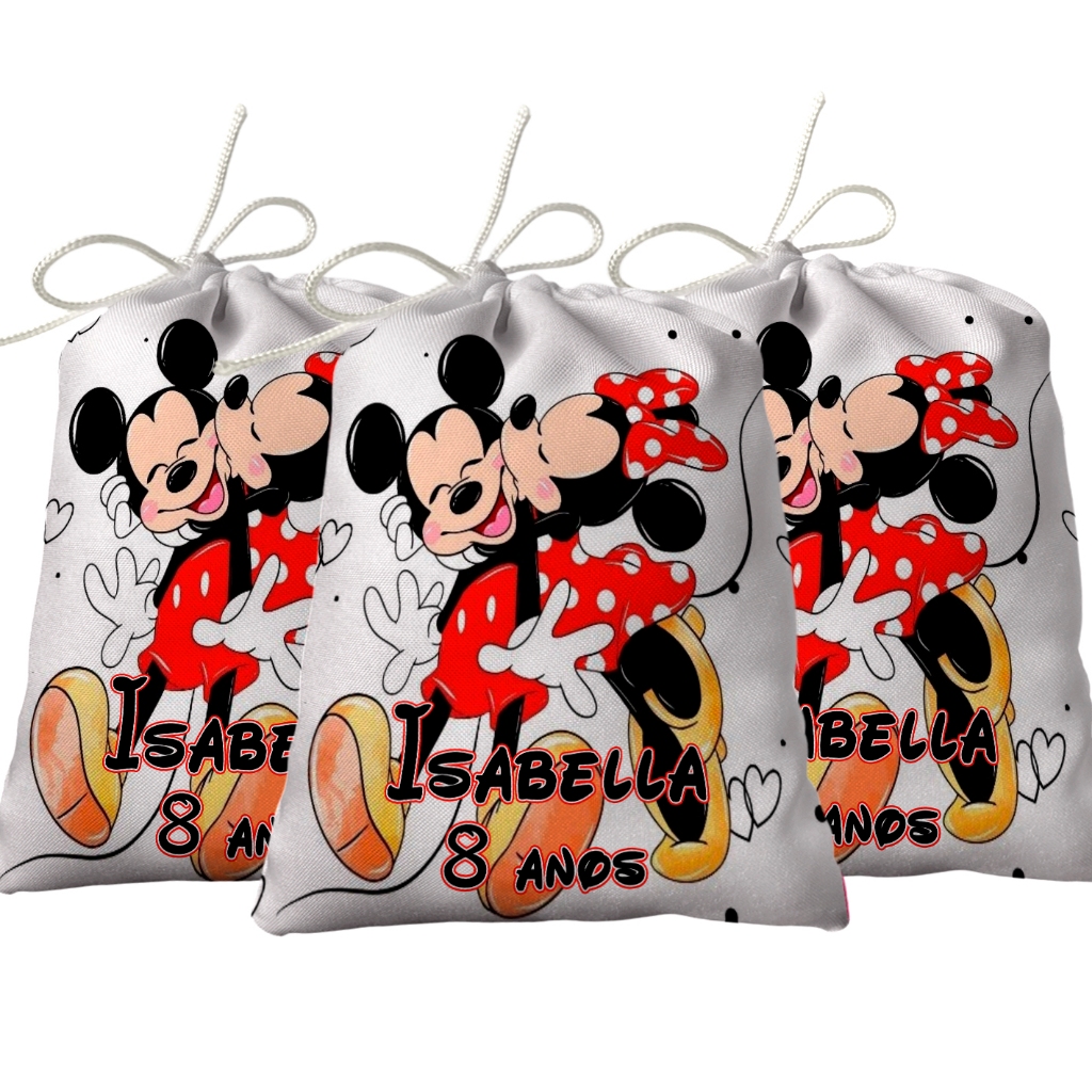 Sacolinha Lembrancinha Festa Aniversário Surpresa Tecido Personalizado Mickey e Minnie