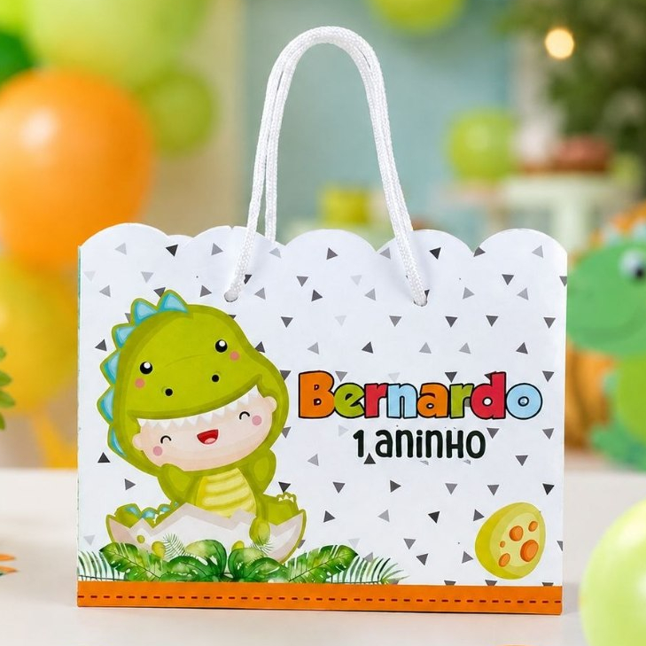 Sacolinha Personalizada Festa Infantil 20x15cm Nuvem Pegue e Monte Lembrancinha DINO BABY MENINO