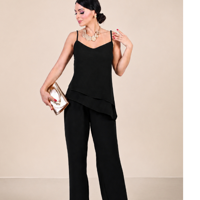 Conjunto Feminino Verão,Casual Blusa Com Alças Reguláveis Decote V Barra Assimétrica Sobreposta e Calça Pantalona