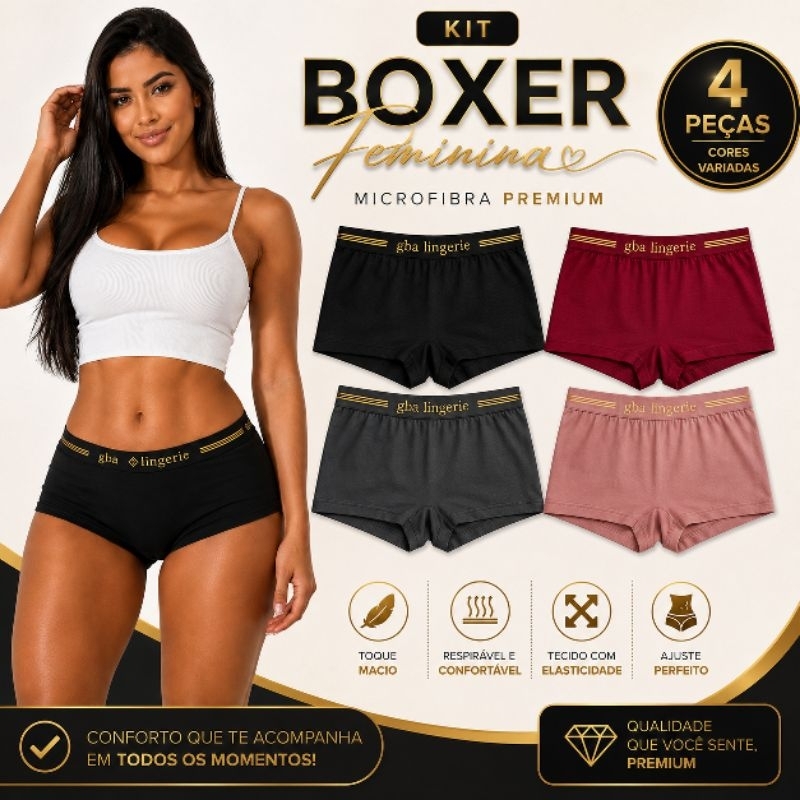 Kit 4 Calcinhas Boxer Feminina em microfibra Conforto Respirável, Macia e Sem Aperto