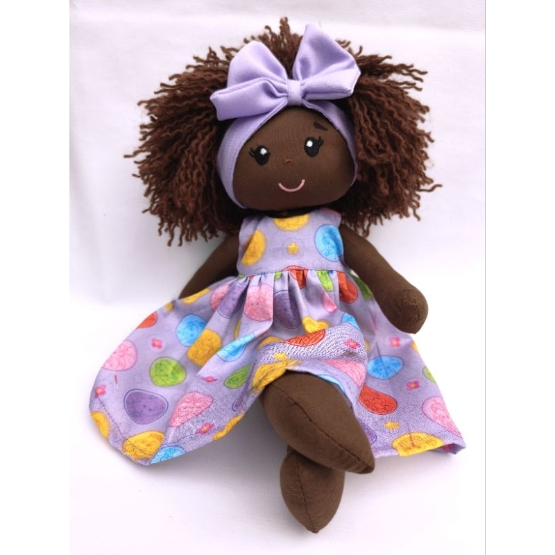 Boneca de Pano Negra 35cm Artesanal, vestido estampado