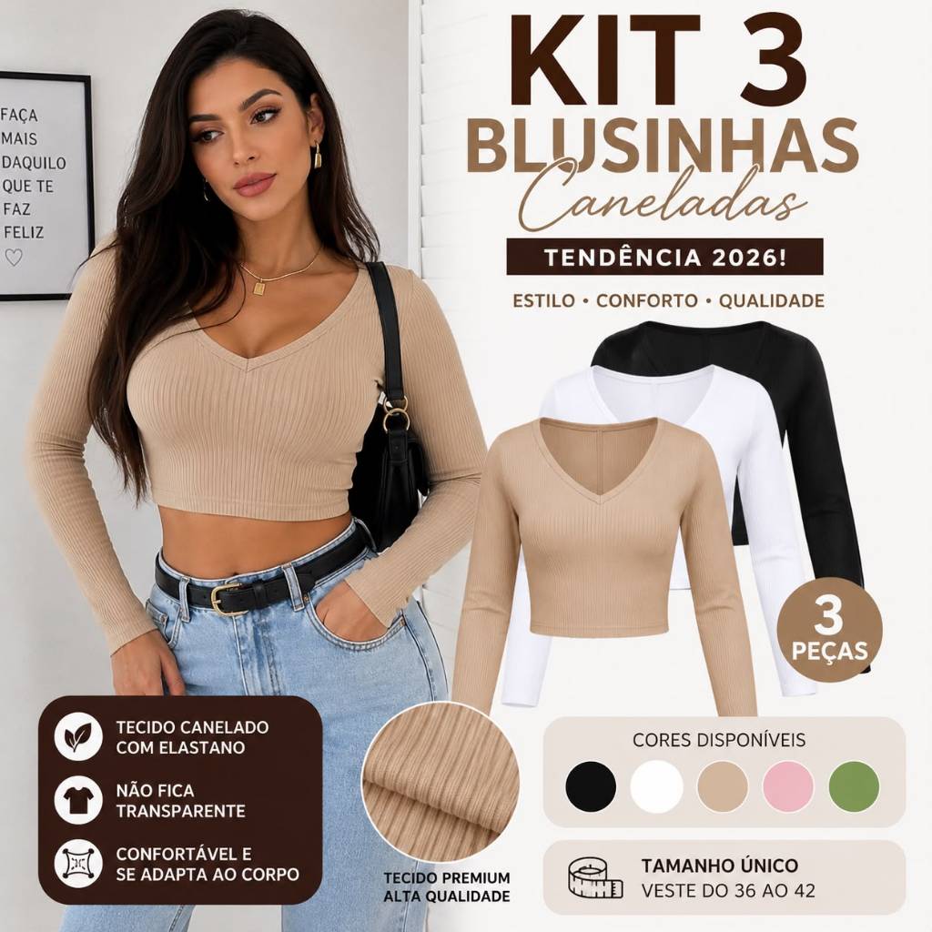 Kit 3 Blusinhas Femininas Caneladas Cropped Gola V Moda Blogueira 2026
