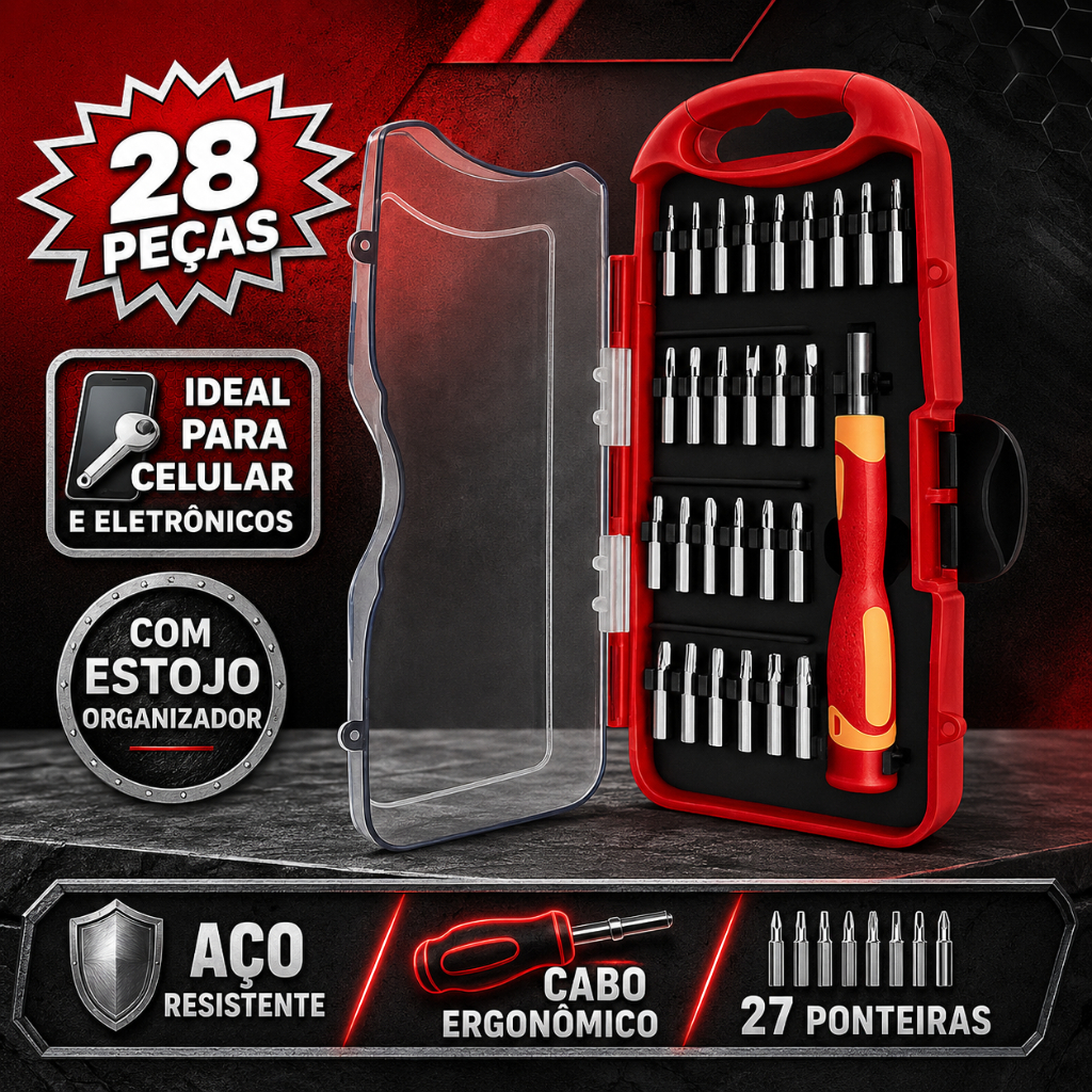 Kit Chave de Precisão 28 Peças com Estojo - Jogo Chaves Ponteiras para Celular Eletrônicos Notebook Óculos Reparo
