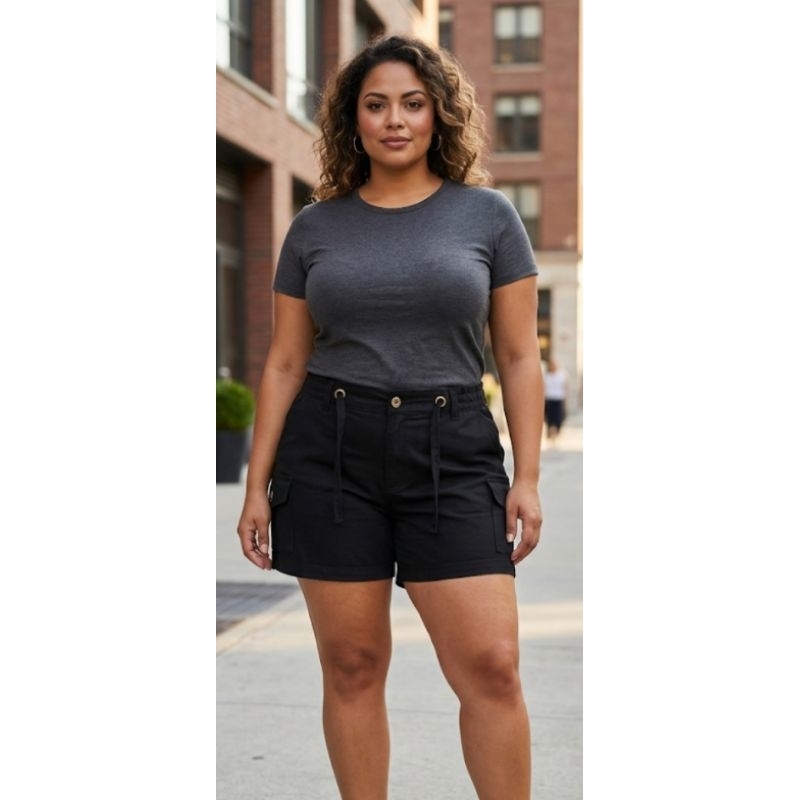 Short Jeans Feminino Plus Size Cintura Alta Elástico Cordão Ajustável Cargo Confortável Moda Verão Casual Tendência 2026