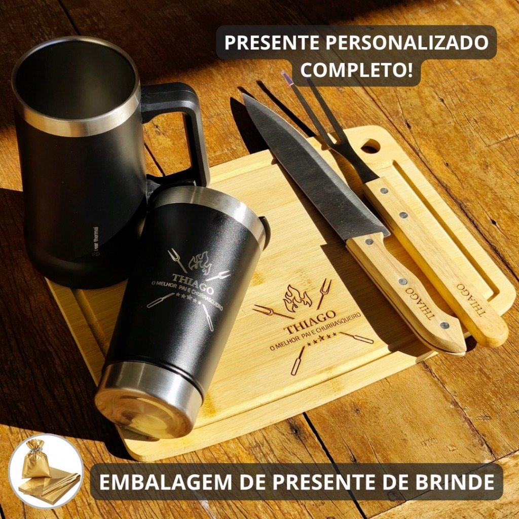 Kit Churrasco Personalizado Dia Dos Pais Tábua Faca Garfo E Copo/Caneca + Embalagem Presente