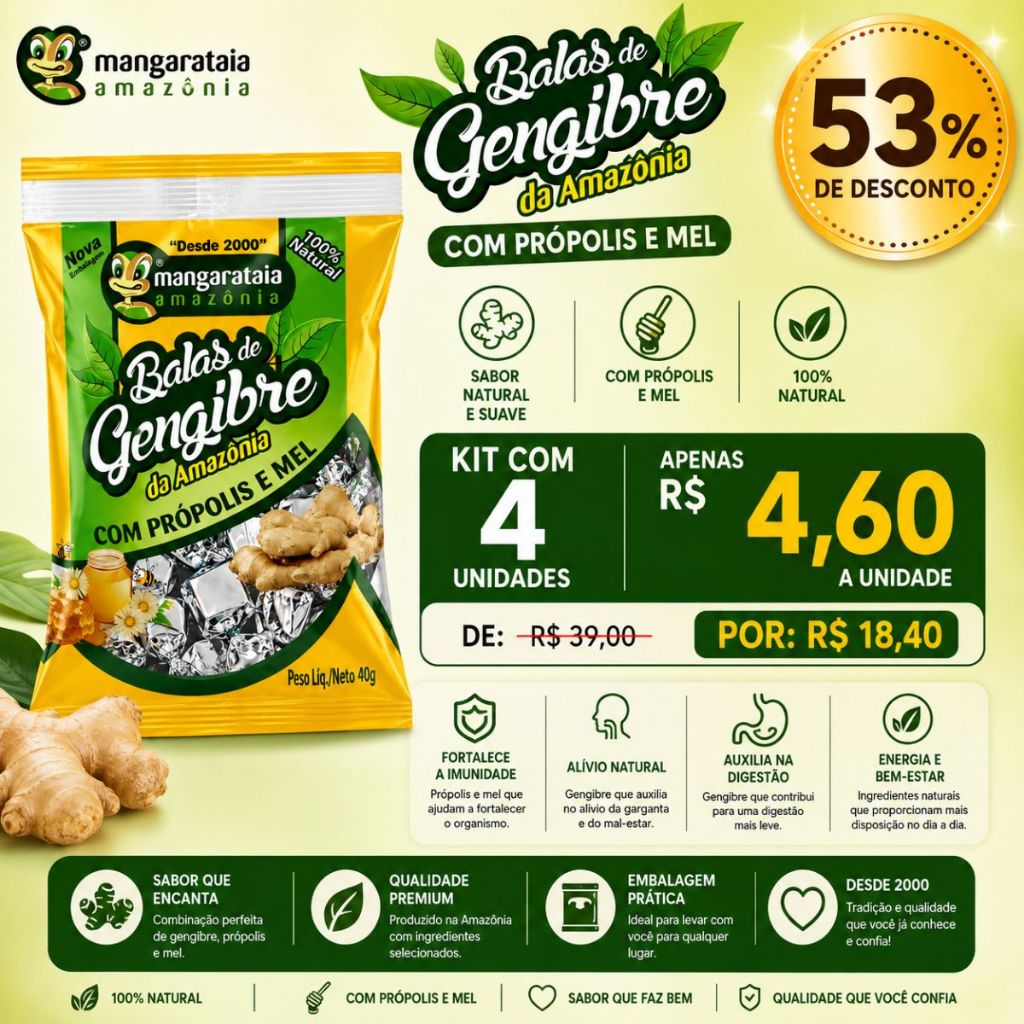 Balas de Gengibre com Própolis e Mel 40g - Mangarataia