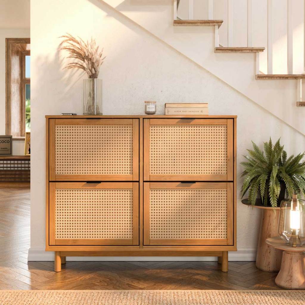 Sapateira Telinha Rattan 24 Pares Madeira 4 Portas Hall Entrada Freijó Cefira