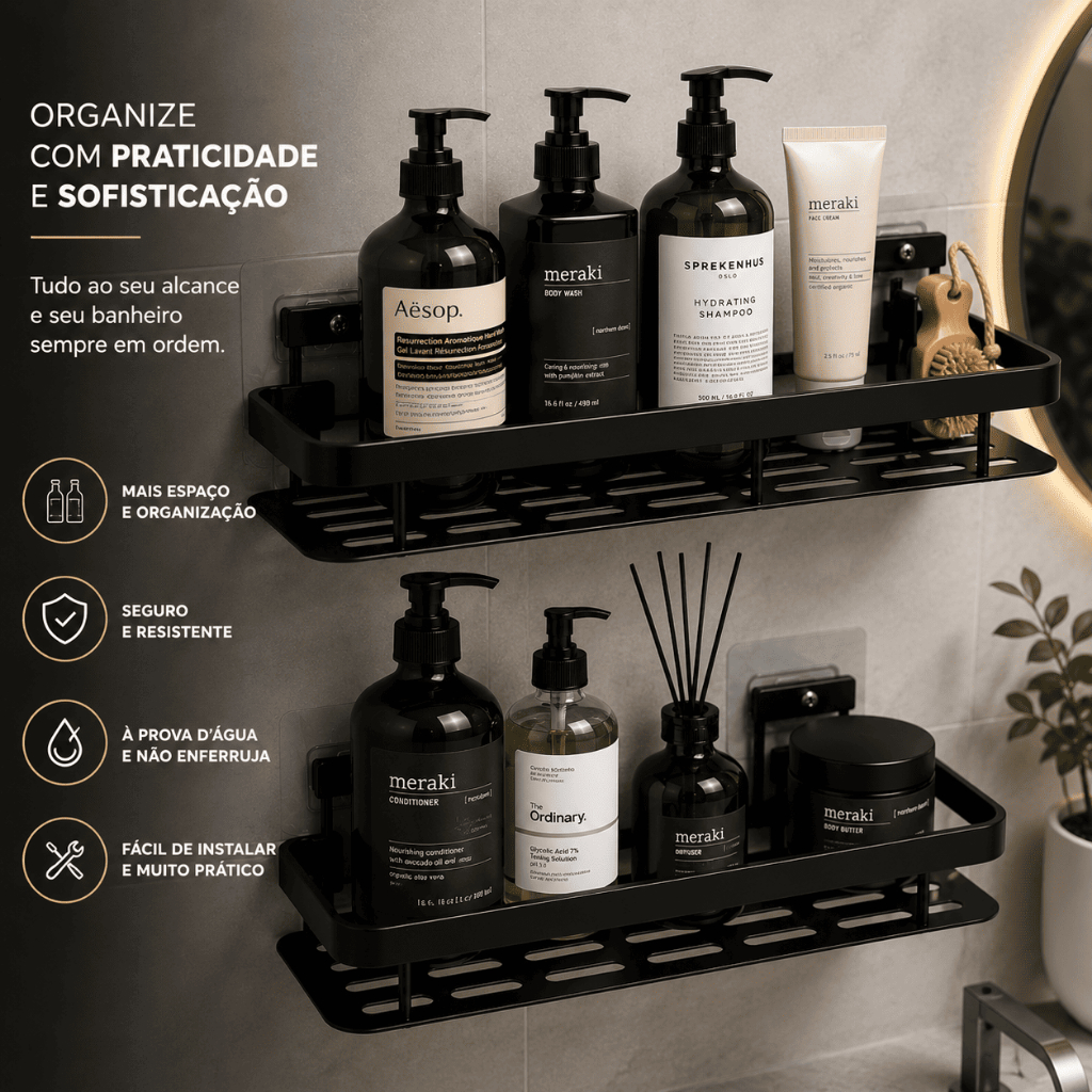 Kit 2 Peças Suporte Reta Porta Shampoo Prateleira Para Banheiro Organizador com Adesivo