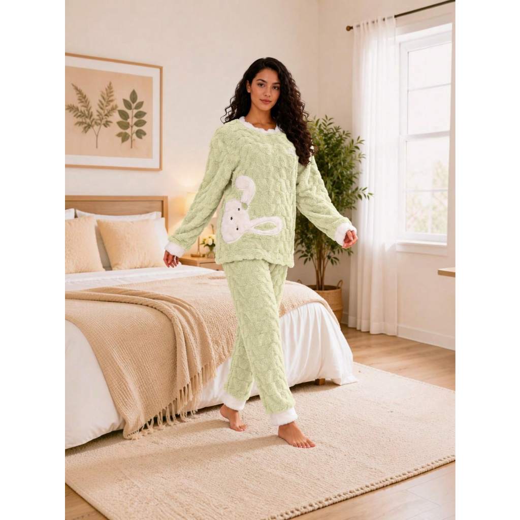 Pijama Feminino Inverno Plush Canelado Confortável Moda Feminina Tendência Conjunto Longo Macio Elegante Casual Frio
